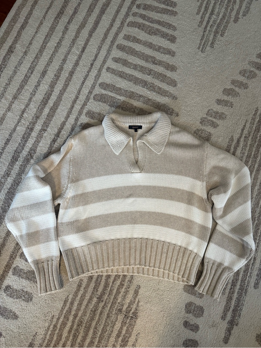 Quince Striped Collared Knit Sweater - Beige & White